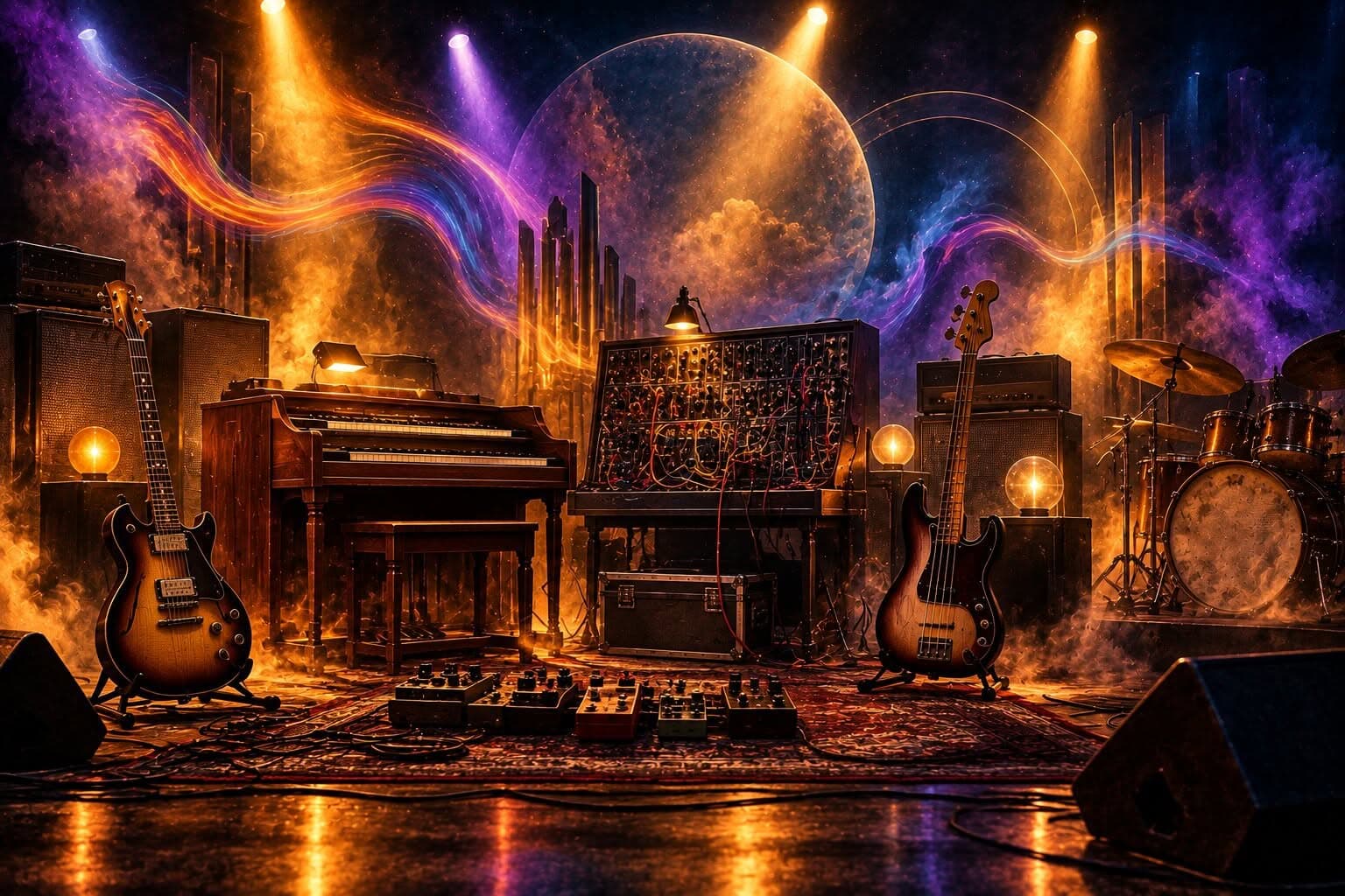 Classic progressive rock instruments on a dark stage