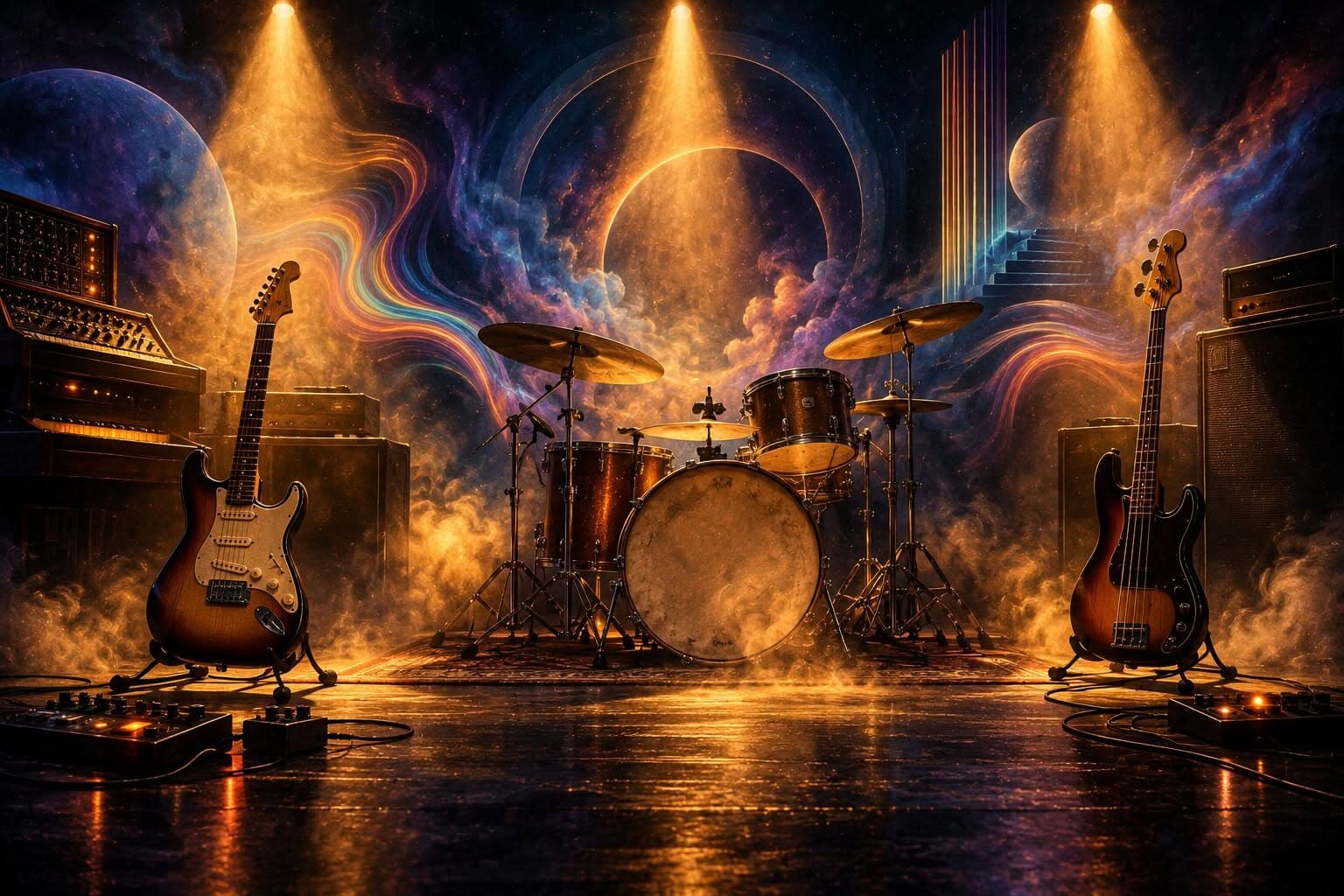 Great progressive rock solos on guitar, bass and drums
