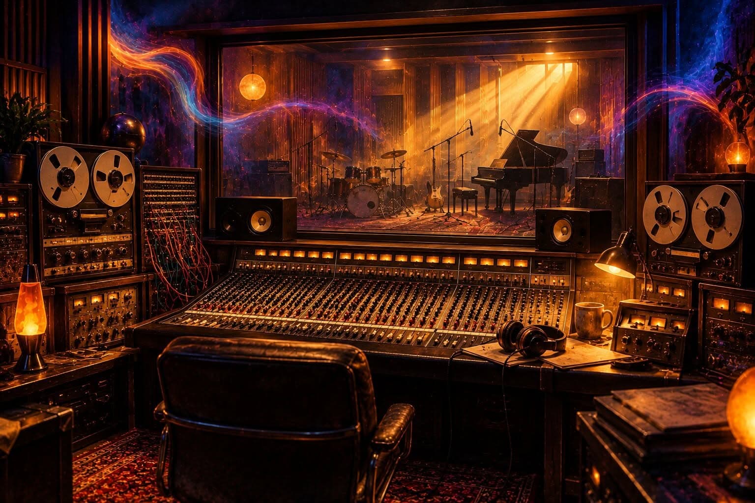 A 1970s recording studio control room and live room